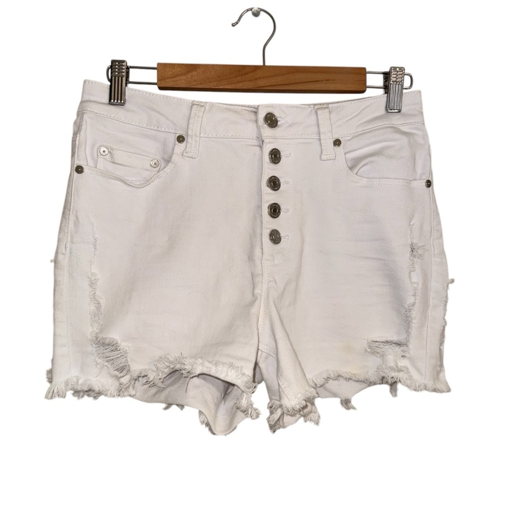 White Denim Shorts Button Fly Distressed Frayed Hem Casual